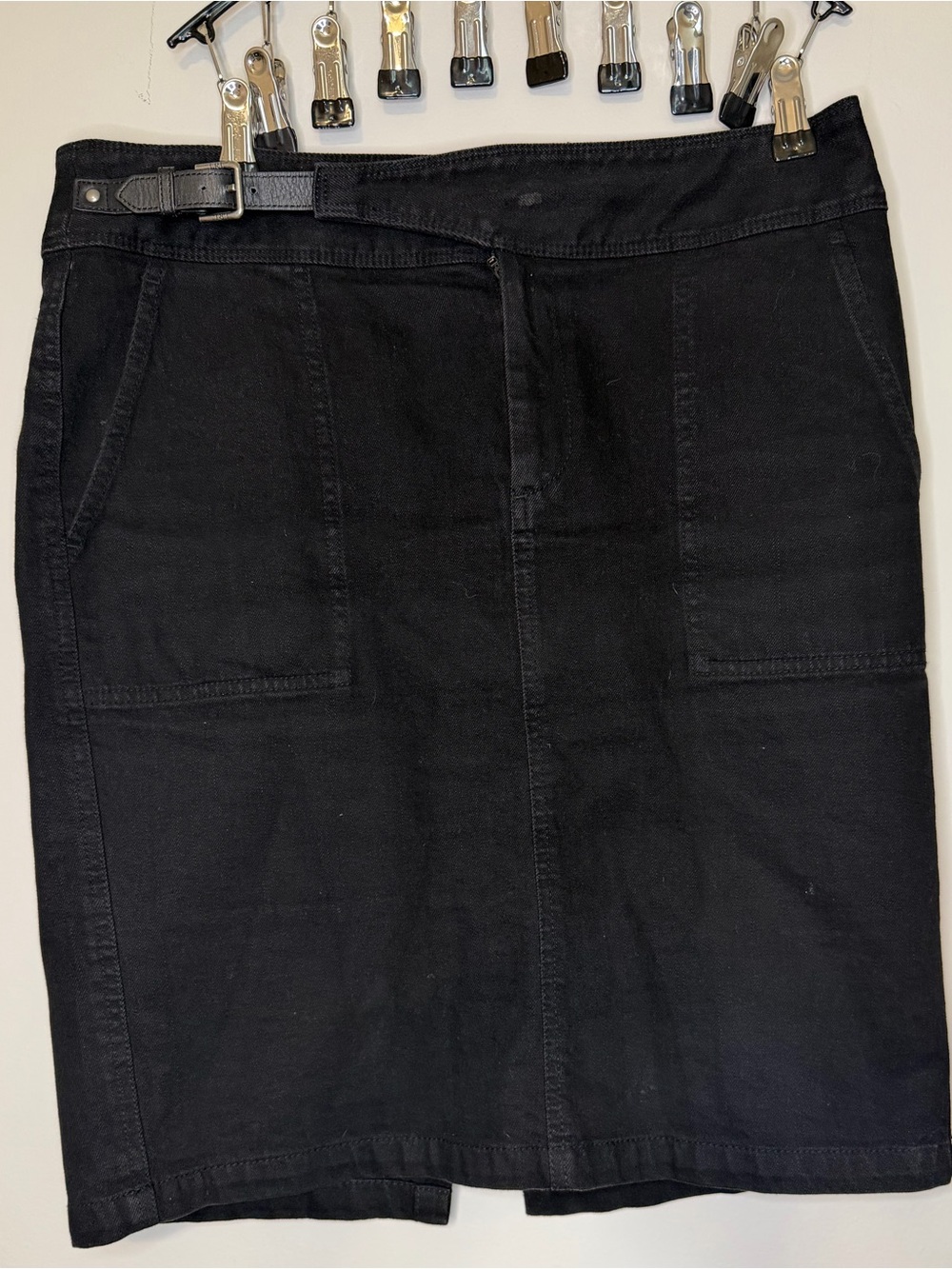 Lauren Ralph Lauren Black Denim Pencil Skirt Size 10, Attached Side Belt